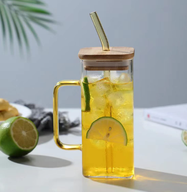 glass coffee mug with lid and handle