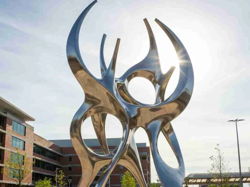 Metal art installation in urban plaza